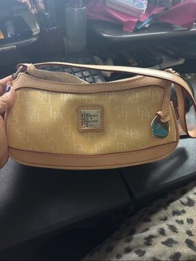 Dooney & Bourke Yellow Logo Shoulder Bag with Cream Trim and Pink Piping